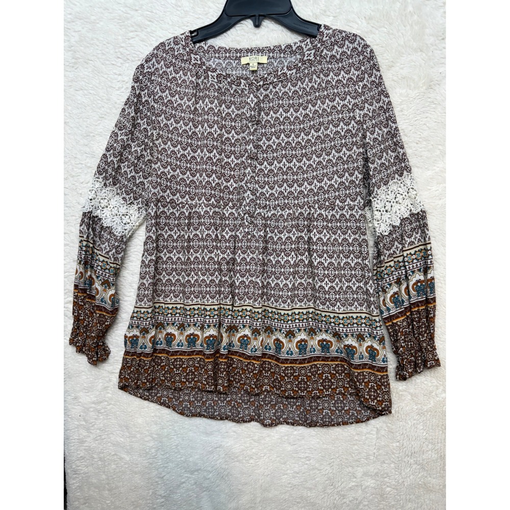 Kori America Blouse Womens S Boho Lace Crochet Damask Print Excellent - Picture 7 of 11